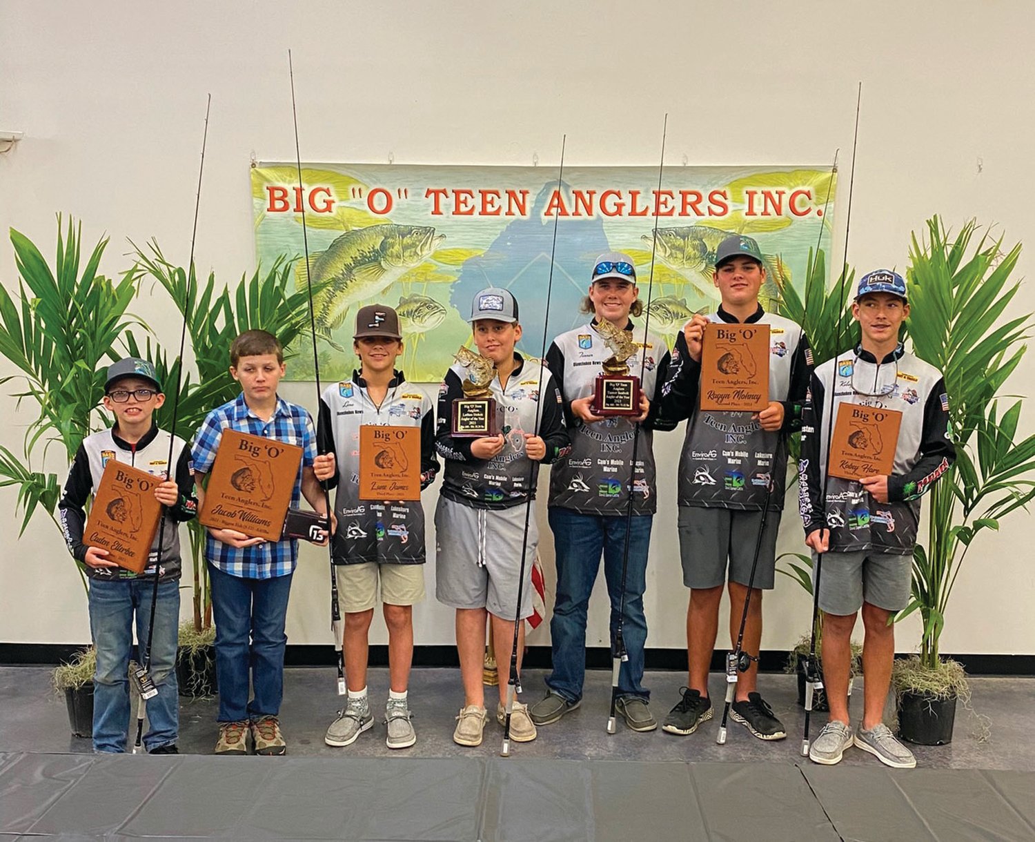 Big O Teen Anglers with their awards pictured left to right: Caden Ellerbee, Jacob Williams, Lane James, Lathan Stokes, Tanner Seabolt, Ragyn Mohney and Kobey Hare.